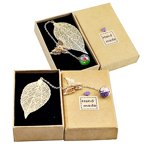 Metal Leaf Bookmark, 3D Butterfly Pendant, 2-Piece Set in Purple and Green, a Gift for Reading Enthusiasts/Ladies/Teachers/Kids.