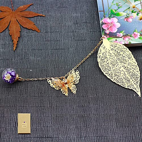 Metal Leaf Bookmark, 3D Butterfly Pendant, 2-Piece Set in Purple and Green, a Gift for Reading Enthusiasts/Ladies/Teachers/Kids.