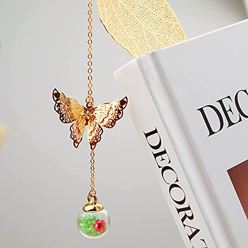 Metal Leaf Bookmark, 3D Butterfly Pendant, 2-Piece Set in Purple and Green, a Gift for Reading Enthusiasts/Ladies/Teachers/Kids.