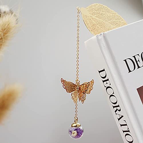 Metal Leaf Bookmark, 3D Butterfly Pendant, 2-Piece Set in Purple and Green, a Gift for Reading Enthusiasts/Ladies/Teachers/Kids.