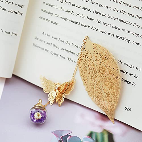 Metal Leaf Bookmark, 3D Butterfly Pendant, 2-Piece Set in Purple and Green, a Gift for Reading Enthusiasts/Ladies/Teachers/Kids.