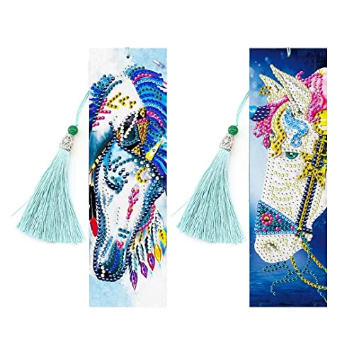 Diamond Painting Bookmarks Horse - Inegovin 2 Pieces DIY Diamond Art Kits Leather Bookmark with Tassel, Diamond Dots Art Bookmarks for Adults Art Craft Supplies