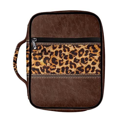 FOR U DESIGNS Leopard Print Bible Covers for Women Bible Case with Handle Durable Bible Carrying Book Case with Multi-Pockets Organizer Protective Tote Church Bag Brown