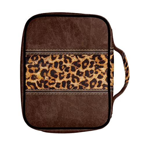 FOR U DESIGNS Leopard Print Bible Covers for Women Bible Case with Handle Durable Bible Carrying Book Case with Multi-Pockets Organizer Protective Tote Church Bag Brown