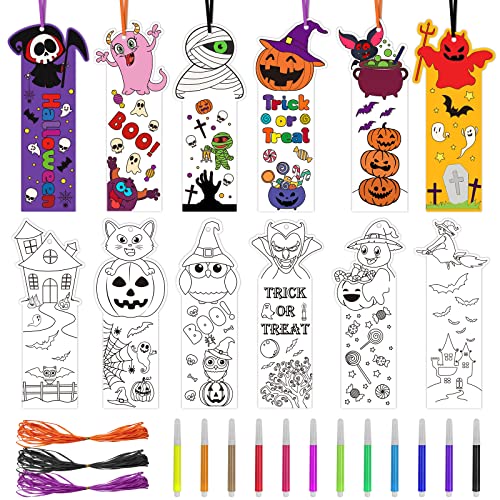 120PCS Halloween Color Your Own Bookmarks, 12 Styles Halloween Bookmark for Kids Ghost Pumpkin DIY Coloring Blank Bookmarks for Students Trick or Treat Classroom Rewards