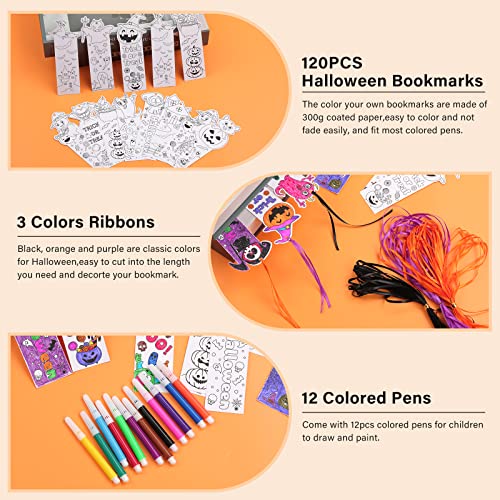 120PCS Halloween Color Your Own Bookmarks, 12 Styles Halloween Bookmark for Kids Ghost Pumpkin DIY Coloring Blank Bookmarks for Students Trick or Treat Classroom Rewards