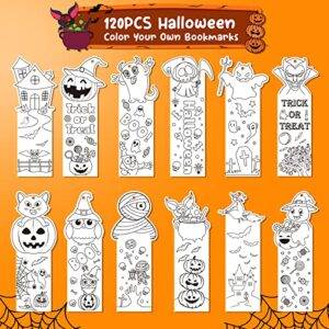 120PCS Halloween Color Your Own Bookmarks, 12 Styles Halloween Bookmark for Kids Ghost Pumpkin DIY Coloring Blank Bookmarks for Students Trick or Treat Classroom Rewards