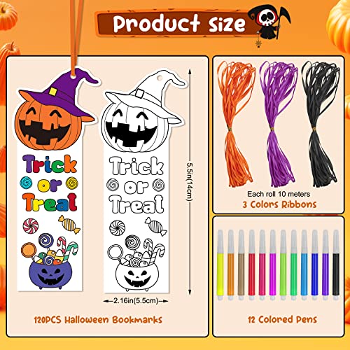 120PCS Halloween Color Your Own Bookmarks, 12 Styles Halloween Bookmark for Kids Ghost Pumpkin DIY Coloring Blank Bookmarks for Students Trick or Treat Classroom Rewards