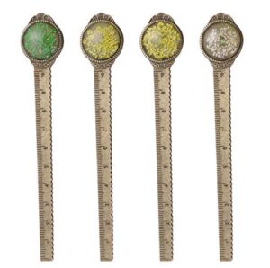 metal bookmark ruler,4pcs vintage dried flower bronze book mark as book page marker for students(random style)