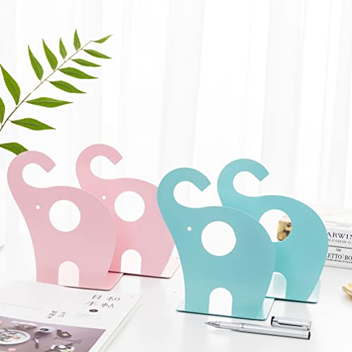 FAVOMOTO 1 Pair Metal Bookends Cute Cartoon Elephant Shape Bookend Stand Book Stoppers Bookshelf Holder Organizer for Bedroom Office School Book Display Pink