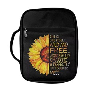 Dolyues Black Sunflower Pattern Women Bible Cover Bag with Pocket Zipper Bible Tote Case Bag with Key Phone for Women Men Lightweight Soft Zipper Bible Book Bag