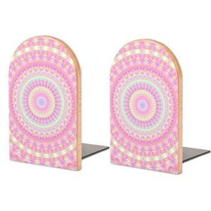 Book Ends Boho Hippie Mandala Pink Bookends for Shelves to Hold Books Heavy Duty Non-Slip Book Stoppers Wood Decorative Home Office