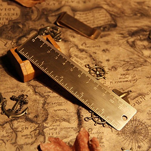 juneTree Vintage Brass Handy Straight Ruler / Metal Copper Bookmark / Cm Inch Dual Scales 130mm