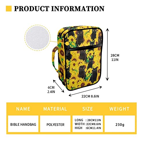 Coloranimal Sunflower Bible Book Covers Church Bags Bible Protective with Handle Zippered Pocket Black Cats Carrying Book Bible Holder Accessories Organizer Case Tote Bags for Women Girls