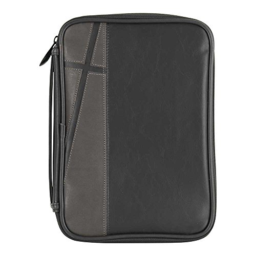 Black and Gray Cross Leather Look Bible Cover Case with Handle Large