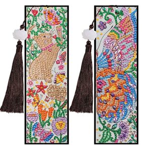 cat butterfly bookmark with diamond – pigpigboss 2 pieces bookmark diamond painting kit leather bookmark diamond dots art with tassel for student adult graduation gift (21 x 6 cm)