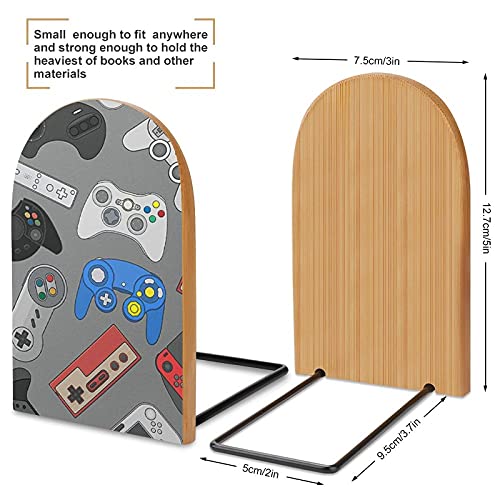 Wood Bookends Pack of 2, Old School Gamer Controller Non Skid Book Stand for Home Office School Sturdy Book Holders for Heavy Books 5x3 inch…