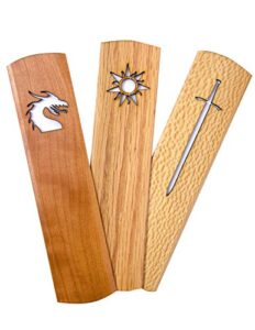american made hardwood bookmark set for book lovers, fantasy theme (dragon, longsword, sun symbols)