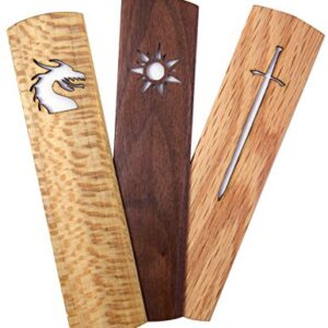 American Made Hardwood Bookmark Set for Book Lovers, Fantasy Theme (Dragon, Longsword, Sun Symbols)