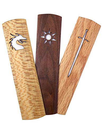 American Made Hardwood Bookmark Set for Book Lovers, Fantasy Theme (Dragon, Longsword, Sun Symbols)