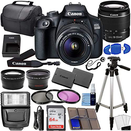 Camera EOS 2000D (Rebel T7) DSLR with 18-55mm f/3.5-5.6 3 Lens Kit Bundled with + 64GB Memory Card, Extra Battery, 3PC Filter Kit, Tripod, Case + Complete Photo Bundle - International Model