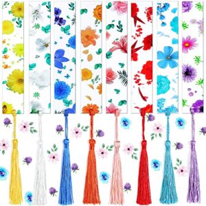 16 pieces flower resin bookmarks,8 sets flower acrylic bookmarks,transparent floral bookmarks with tassels,floral resin bookmarks colorful flower printing bookmarks for women teacher kids book lovers