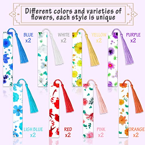 16 Pieces Flower Resin Bookmarks,8 Sets Flower Acrylic Bookmarks,Transparent Floral Bookmarks with Tassels,Floral Resin Bookmarks Colorful Flower Printing Bookmarks for Women Teacher Kids Book Lovers
