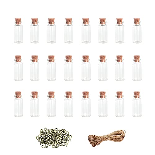 JFWOD 20ml Small Mini Glass Bottles Jars with Cork Stoppers for DIY Perfume Jar Necklace Wedding Birthday Party Favors Spell Jars Wish Bottles Mini Jars 50pcs Eye Screws and 10 Meters Twine