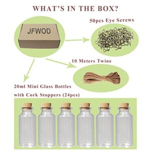 JFWOD 20ml Small Mini Glass Bottles Jars with Cork Stoppers for DIY Perfume Jar Necklace Wedding Birthday Party Favors Spell Jars Wish Bottles Mini Jars 50pcs Eye Screws and 10 Meters Twine