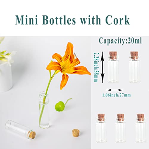 JFWOD 20ml Small Mini Glass Bottles Jars with Cork Stoppers for DIY Perfume Jar Necklace Wedding Birthday Party Favors Spell Jars Wish Bottles Mini Jars 50pcs Eye Screws and 10 Meters Twine