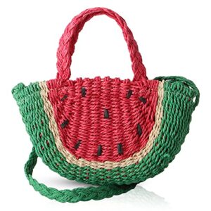 qtkj mini semi-circle rattan straw handbags, hand-woven women summer retro straw tote bag watermelon design shoulder bag crossbody bag round handle