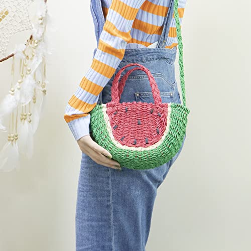 QTKJ Mini Semi-circle Rattan Straw Handbags, Hand-woven Women Summer Retro Straw Tote Bag Watermelon Design Shoulder Bag Crossbody Bag Round Handle