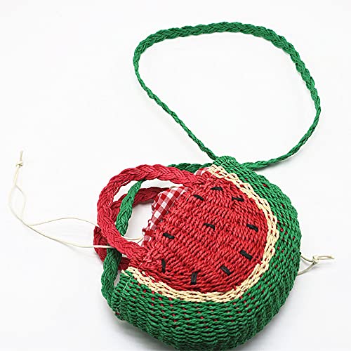 QTKJ Mini Semi-circle Rattan Straw Handbags, Hand-woven Women Summer Retro Straw Tote Bag Watermelon Design Shoulder Bag Crossbody Bag Round Handle