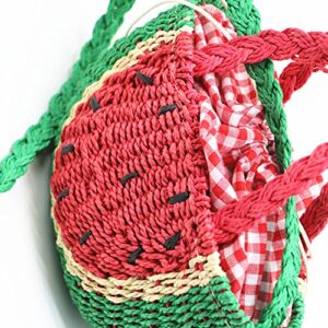 QTKJ Mini Semi-circle Rattan Straw Handbags, Hand-woven Women Summer Retro Straw Tote Bag Watermelon Design Shoulder Bag Crossbody Bag Round Handle