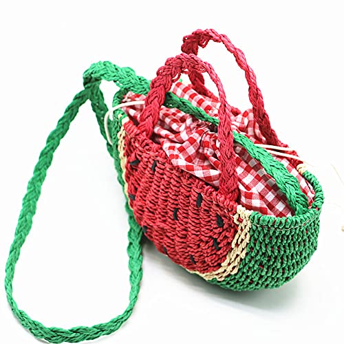 QTKJ Mini Semi-circle Rattan Straw Handbags, Hand-woven Women Summer Retro Straw Tote Bag Watermelon Design Shoulder Bag Crossbody Bag Round Handle