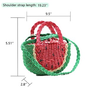 QTKJ Mini Semi-circle Rattan Straw Handbags, Hand-woven Women Summer Retro Straw Tote Bag Watermelon Design Shoulder Bag Crossbody Bag Round Handle