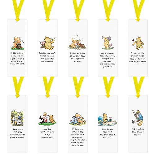 10 Pcs Winnie Bookmark， Winnie Theme Book Markers with Gold Ribbons, 15 x 5 cm