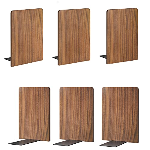 Brosisincorp Wood Book Ends for Shelves Bookends to Hold Heavy Duty Books Pack of 3 Pair Walnut Wooden Office Book Stand Non-Skid