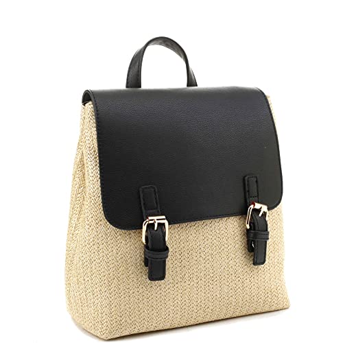 Straw Vegan Leather Womens Girls Small Medium Flap Boho Fashion Backpack Purse (Flap Backpack - zBlack)