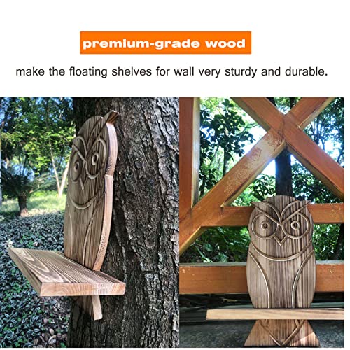 HY&GH Floating Shelves for Wall with Unique Owl Sculpture Statue Wood Hanging Shelves Plant Holder Shelf for Farmhouse Decor Living Room Decorations Wall-Mounted Display Rack