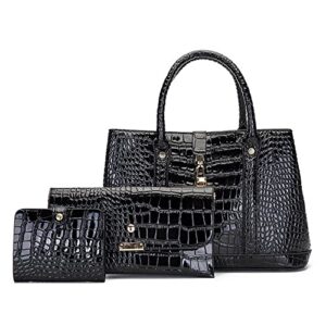 retro messenger lock bag fashion shoulder handbags three-piece bags crocodile pattern purses female top handle tote (black)