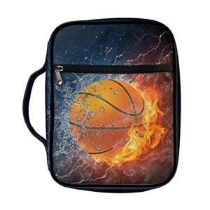 dreaweet fire water basketball print bible case for men boys teens, portable bible cover bags carrying book case church bag bible protector with handle and zippered pocket