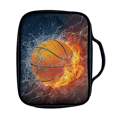 Dreaweet Fire Water Basketball Print Bible Case for Men Boys Teens, Portable Bible Cover Bags Carrying Book Case Church Bag Bible Protector with Handle and Zippered Pocket