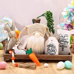 7 Pieces Farmhouse Easter Tiered Tray Decor Bunny Table Wooden Sign Gnome Plush Wooden Bead Garland for Farmhouse Home Kitchen Coffee Bar Decor