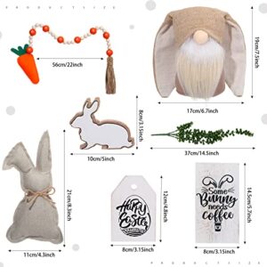 7 Pieces Farmhouse Easter Tiered Tray Decor Bunny Table Wooden Sign Gnome Plush Wooden Bead Garland for Farmhouse Home Kitchen Coffee Bar Decor