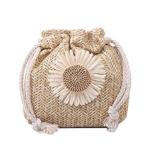 gogobear cute straw purses for girls summer beach crossbody bags woven drawstring handbag(khaki)