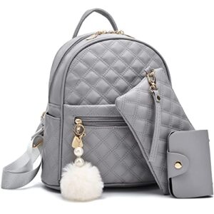mini backpack for women 3-pcs fashion pu leather simple design cute travel daypacks pompom backpack shoulder bag (grey)