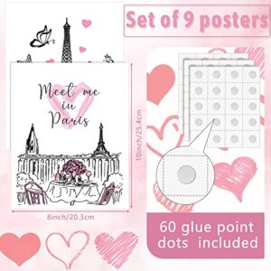 Spakon 9 Pieces Paris Bathroom Decor for Girls Paris Wall Art Paris Theme Room Decor Romantic Paris Room Decor Pink Eiffel Tower Wall Art Paris Bedroom Pictures for Girl