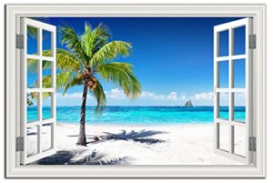 beach pictures wall art decor for living room blue ocean painting decor for bedroom white window frame style palm trees canvas wall decor blue coastal landscape artwork for bathroom home office decoration, ready to hang (24*36, beach palm trees wall art)