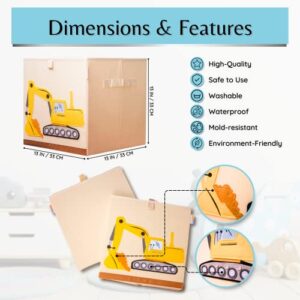 Product 4 Kids - Washable Toy Box Storage Cube, Canvas Toy Chest Organizer Foldable Kids Toy Storage Organizers for Child's Bedroom or Playroom-13x13x13 Inch (Excavator1)